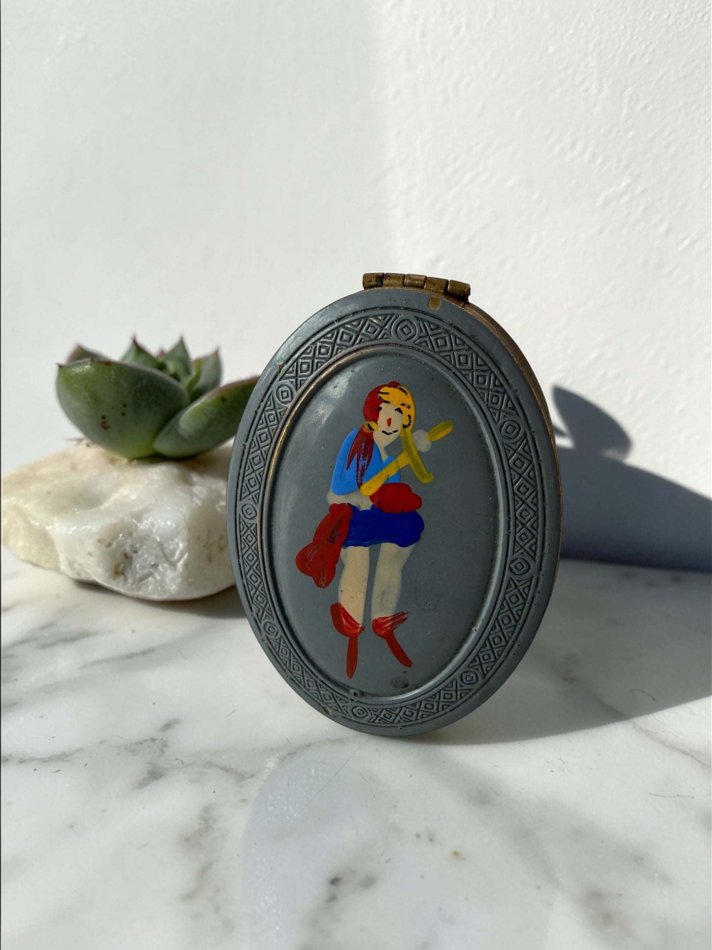 1930s Hand-Painted Brass Compact — British Folk Figure with Original Mirror