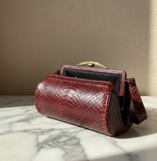 1940s Python Snakeskin Bag - Burgundy Vintage Handbag with Brass Frame