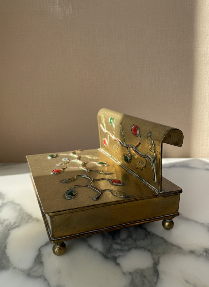 Vintage Brass Desktop Box with Semi-Precious Stones - Ornate Vine Design