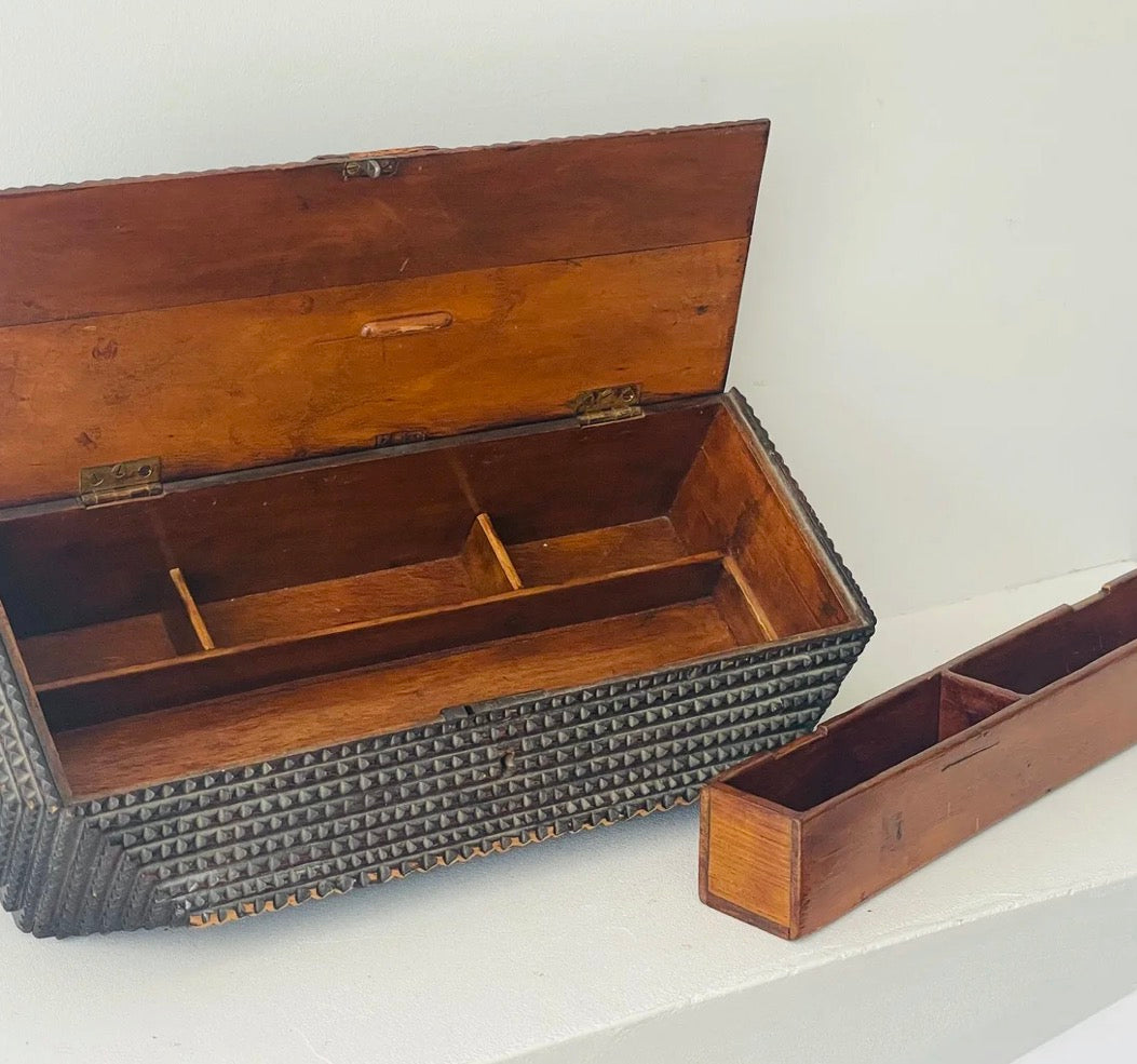 19th-Century Tramp Art Box — Chip-Carved with Original Key and Removable Tray