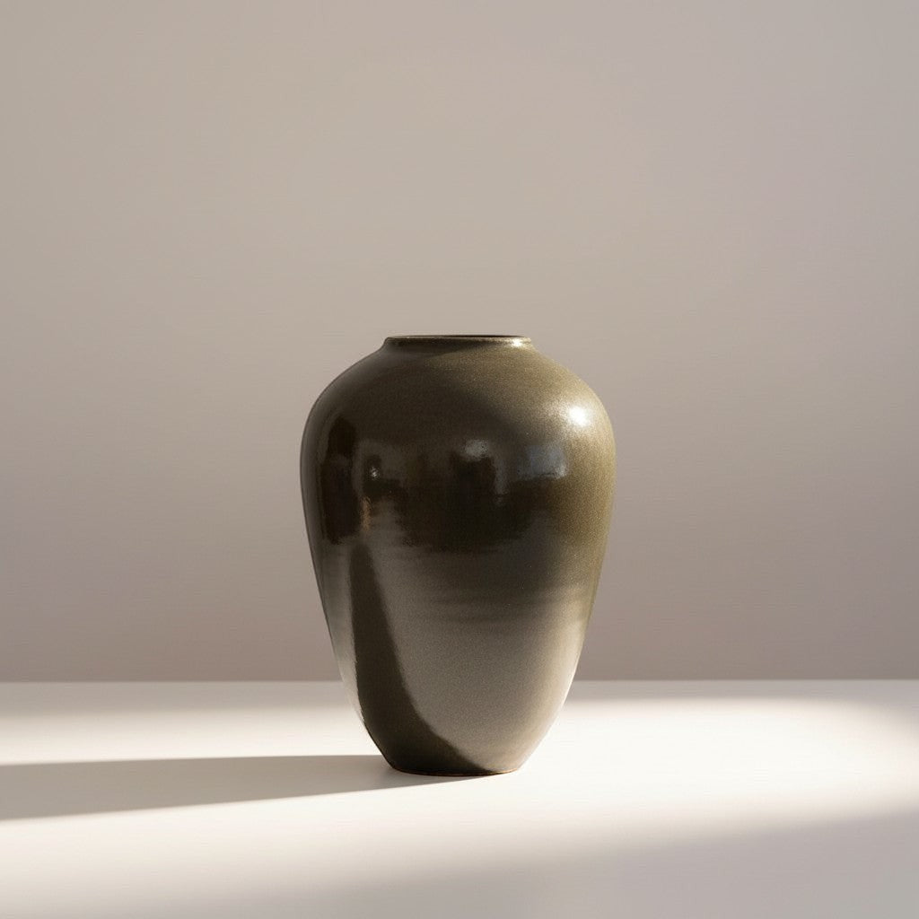 Atlas & Arden Ben Owen signed olive-celadon studio pottery vase, 9.25" tall, classic ovoid form.
