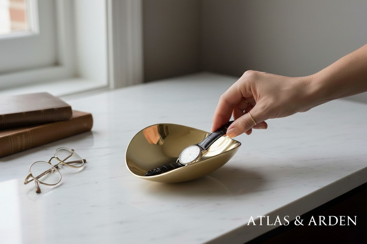 Atlas & Arden polished brass biomorphic dish, organic asymmetrical form, mid-century style catch-all.