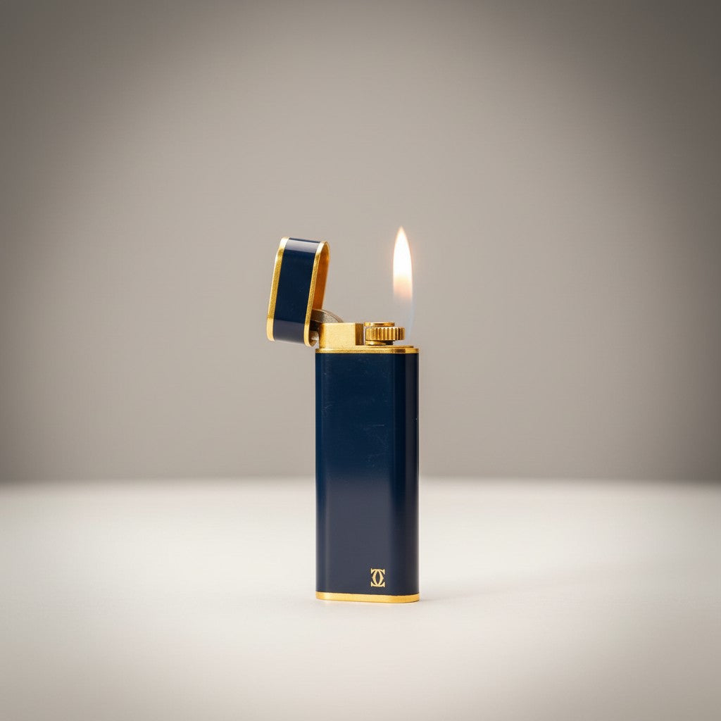 Atlas & Arden vintage Cartier Les Must lighter in navy lacquer with gold trim and flame.