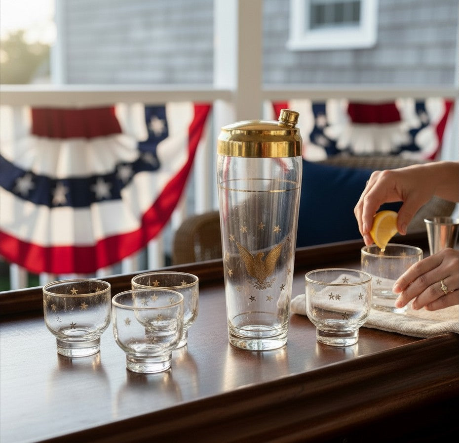 Atlas & Arden vintage Culver 22K gold Patriotic Eagle cocktail shaker set with six roly-poly glasses on a wooden tray.