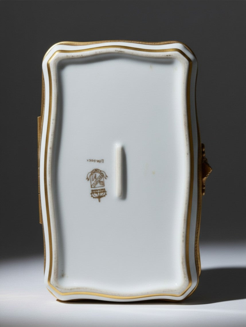 Atlas & Arden Limoges porcelain box base showing the BH Atelier maker mark and Limoges stamp on white ceramic