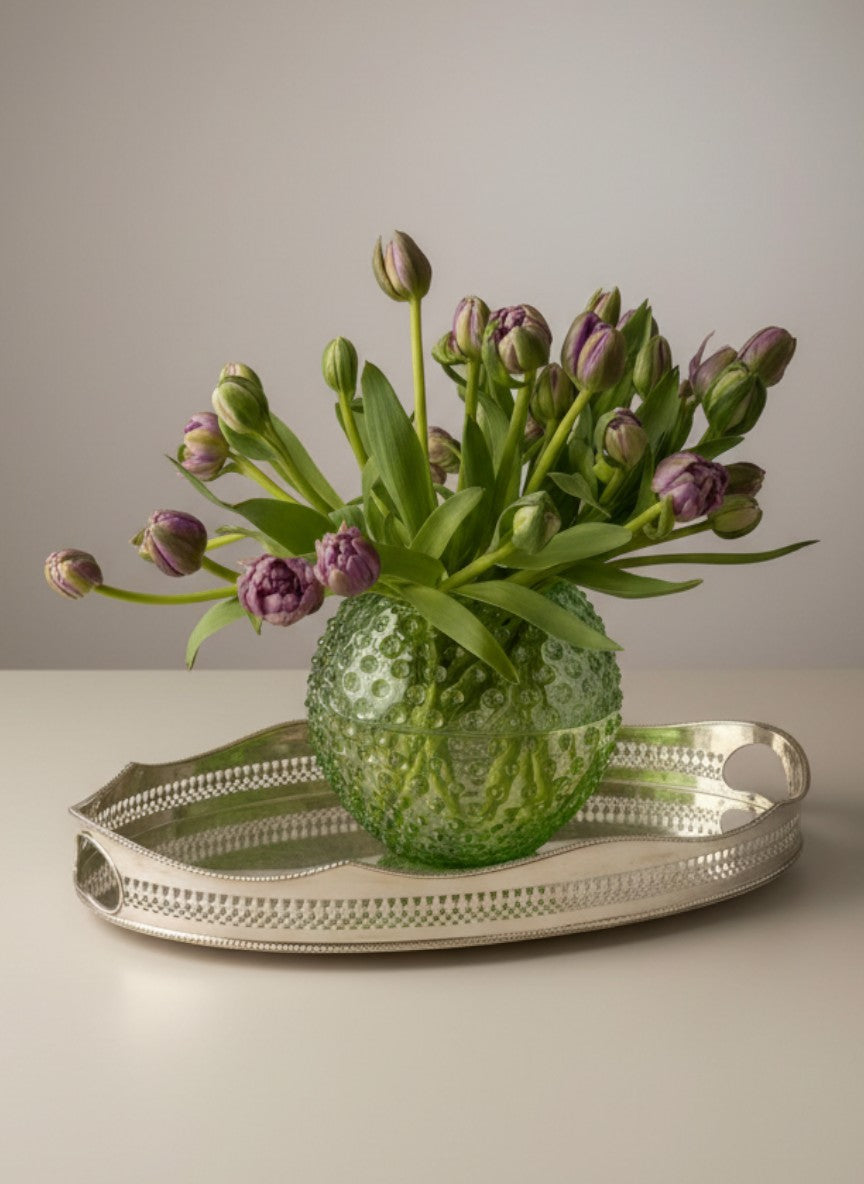Atlas & Arden oval silverplate gallery tray with pierced rail, scalloped edge, beaded rim, and cut-out handles.
