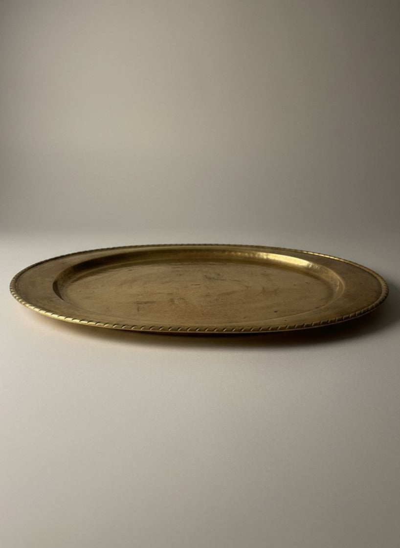 Atlas & Arden Ystad Metall oval brass serving platter with hammered finish and twisted rope rim, mid-century Swedish design.