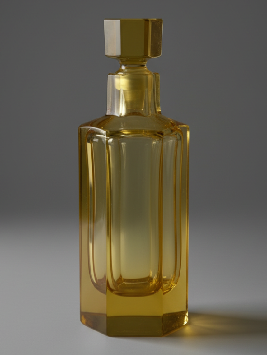 Atlas & Arden mid-century amber crystal decanter with a tall rectangular body, faceted stopper, and geometric design.