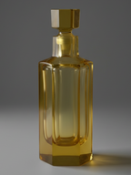 Atlas & Arden mid-century amber crystal decanter with a tall rectangular body, faceted stopper, and geometric design.
