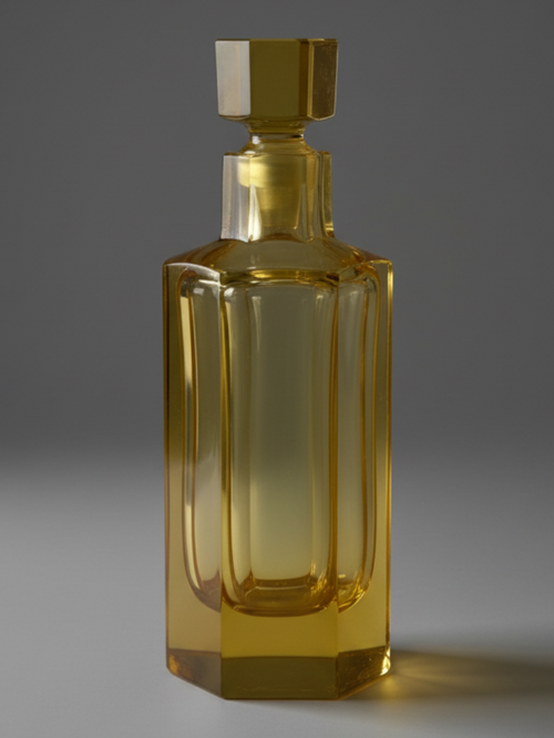 Atlas & Arden mid-century amber crystal decanter with a tall rectangular body, faceted stopper, and geometric design.
