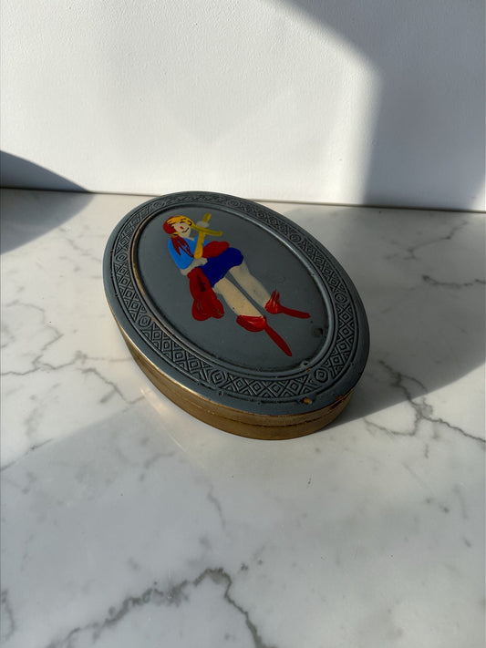 1930s Hand-Painted Brass Compact — British Folk Figure with Original Mirror