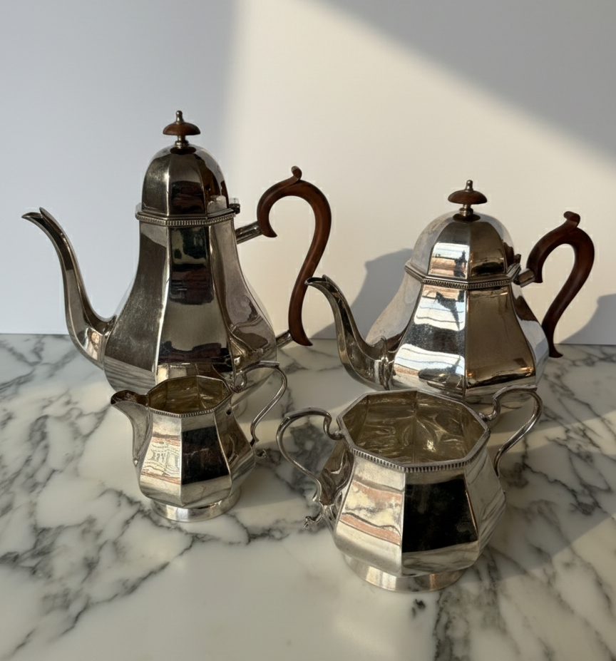 Mid-Century Silver Plate Tea & Coffee Service - Four Piece Set with Bakelite Handles