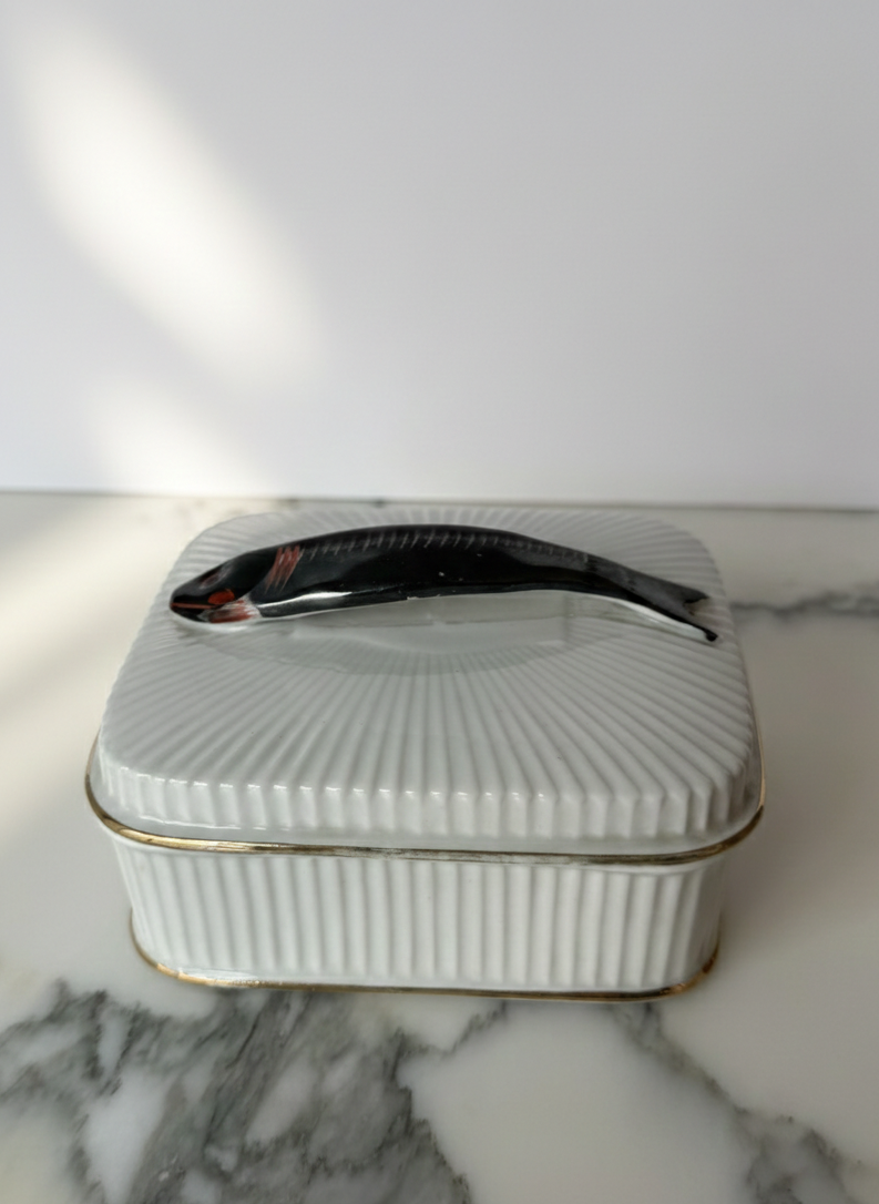 Mid-Century Austrian Porcelain Sardine Box - White Ribbed Ceramic with Gold Trim