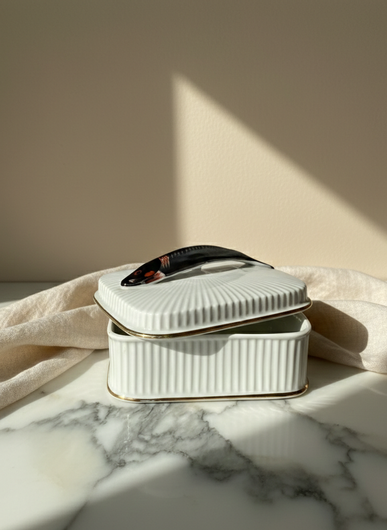 Mid-Century Austrian Porcelain Sardine Box - White Ribbed Ceramic with Gold Trim