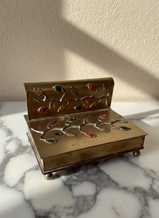 Vintage Brass Desktop Box with Semi-Precious Stones - Ornate Vine Design