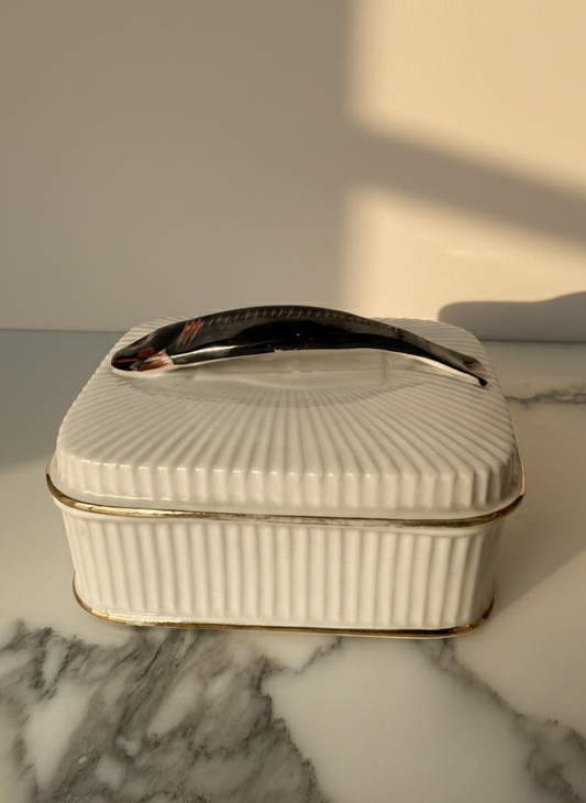 Mid-Century Austrian Porcelain Sardine Box - White Ribbed Ceramic with Gold Trim