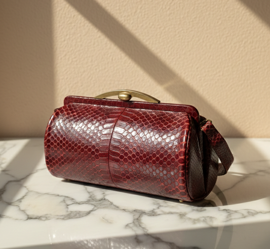1940s Python Snakeskin Bag - Burgundy Vintage Handbag with Brass Frame