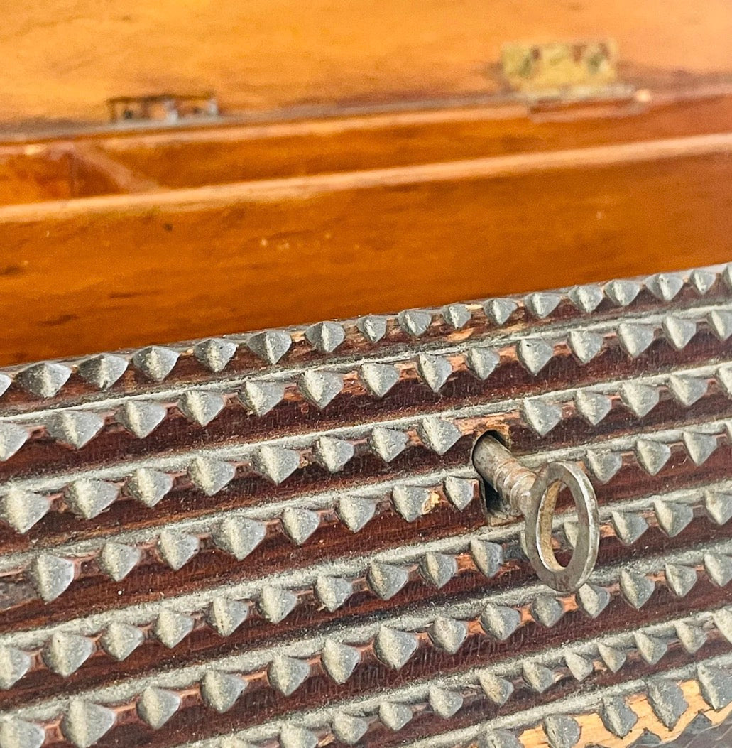 19th-Century Tramp Art Box — Chip-Carved with Original Key and Removable Tray