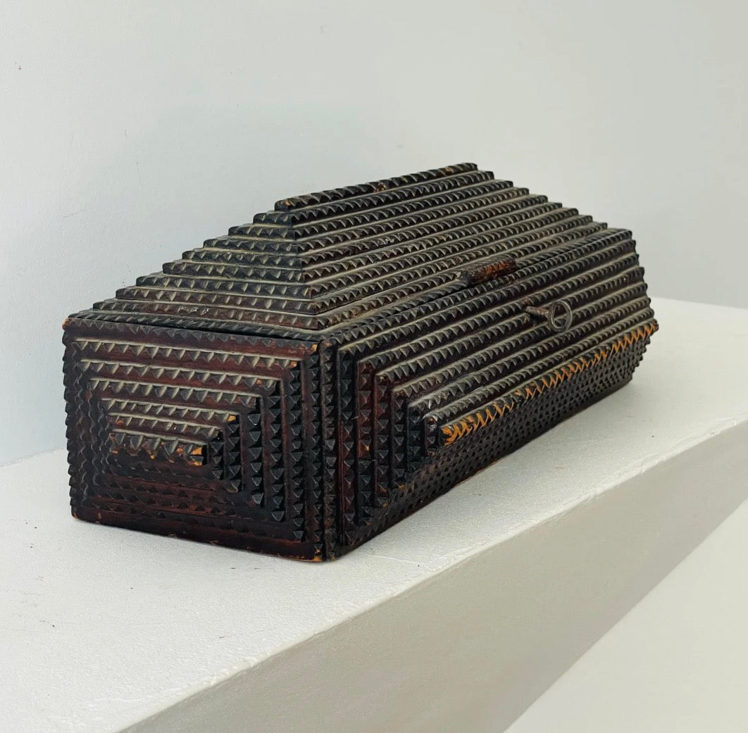 19th-Century Tramp Art Box — Chip-Carved with Original Key and Removable Tray