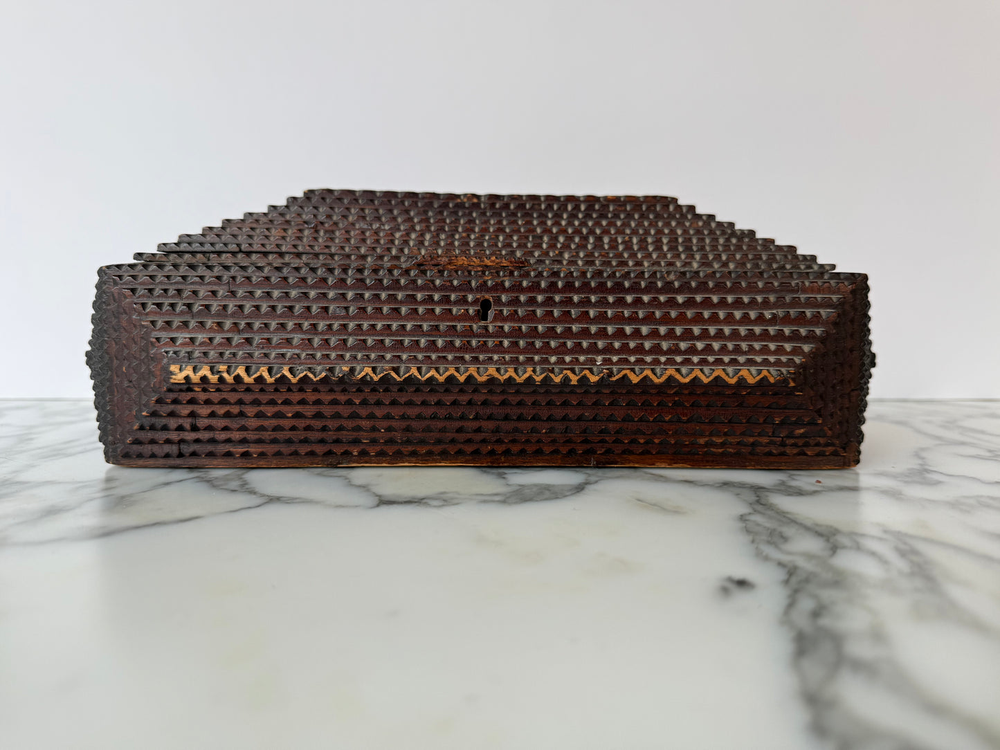 19th-Century Tramp Art Box — Chip-Carved with Original Key and Removable Tray