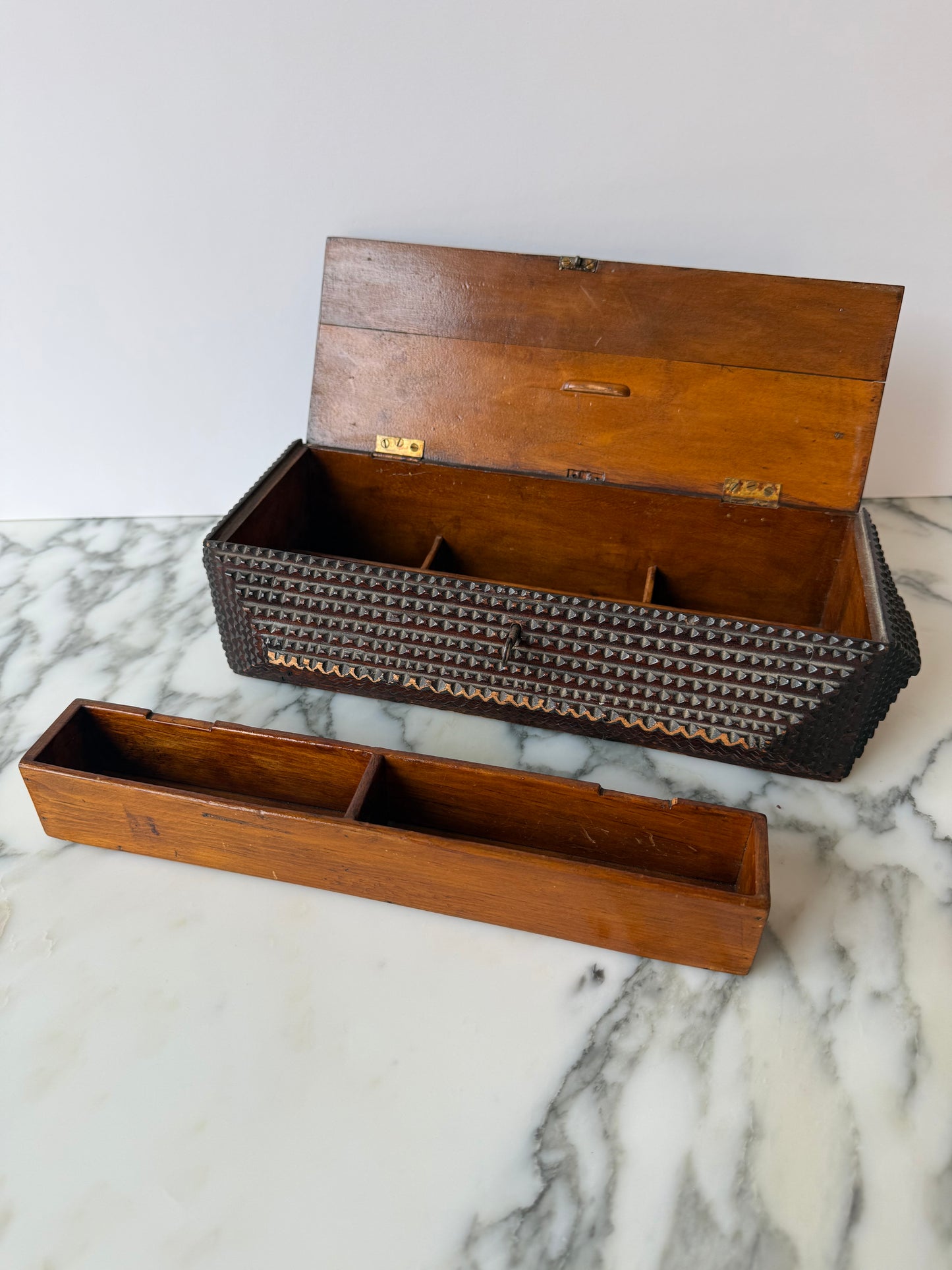 19th-Century Tramp Art Box — Chip-Carved with Original Key and Removable Tray