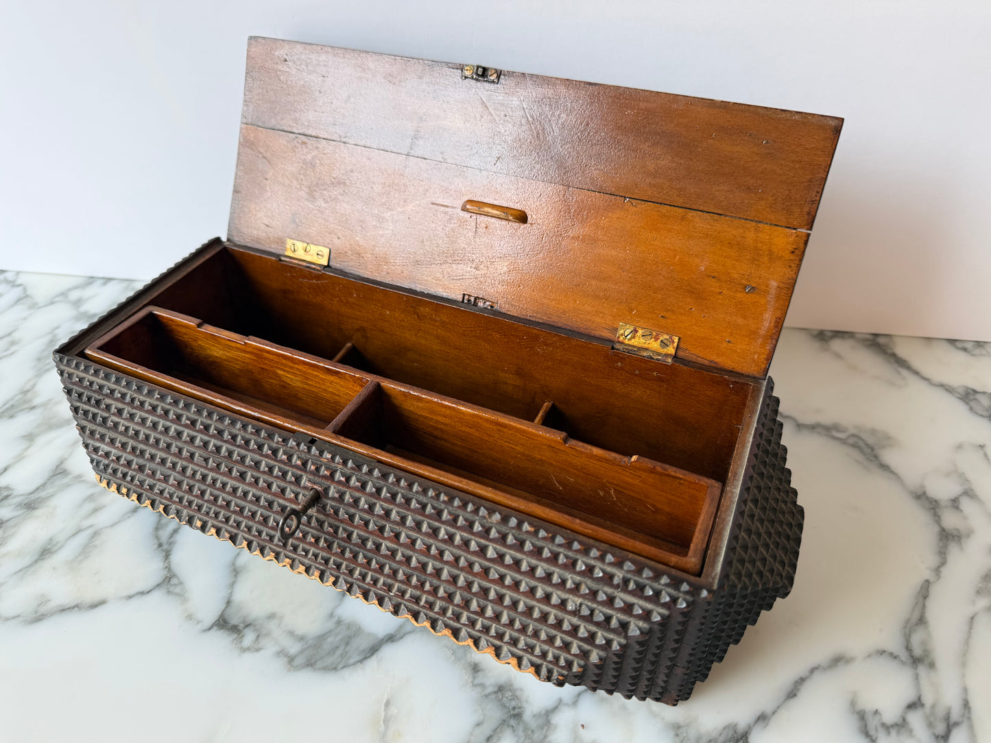 19th-Century Tramp Art Box — Chip-Carved with Original Key and Removable Tray