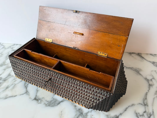 19th-Century Tramp Art Box — Chip-Carved with Original Key and Removable Tray