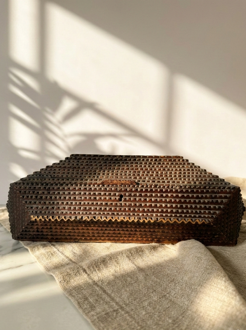 19th-Century Tramp Art Box — Chip-Carved with Original Key and Removable Tray
