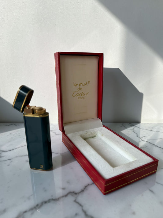 Vintage Cartier "Les Must" Lighter — Navy Lacquer with Gold Trim