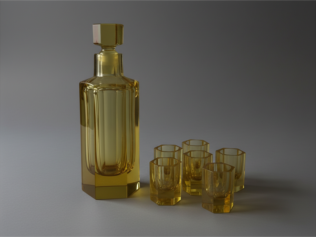 Mid-century amber crystal decanter set with matching small cordial glasses.