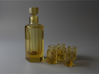 Mid-century amber crystal decanter set with matching small cordial glasses.