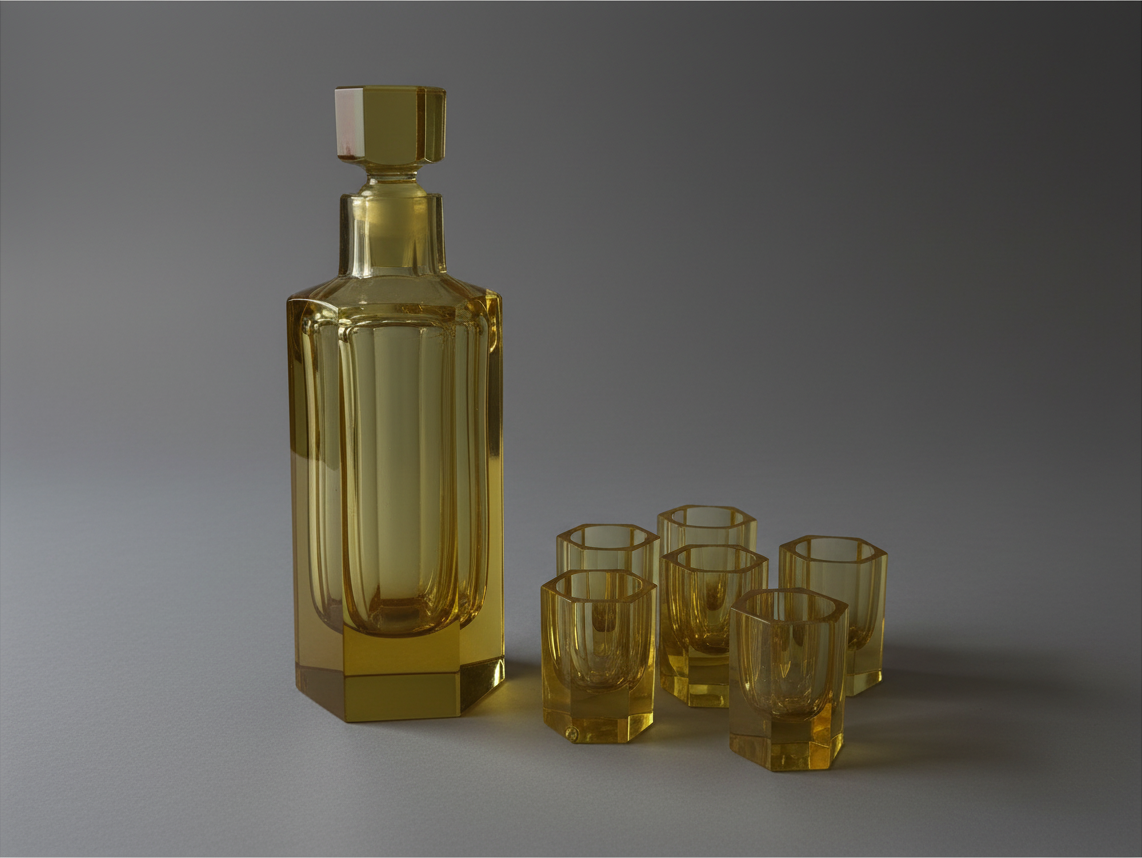Mid-century amber crystal decanter set with matching small cordial glasses.