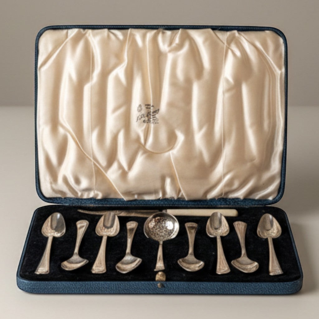 Atlas & Arden vintage sterling silver teaspoon and strainer set in a blue leather presentation case with silk lining.