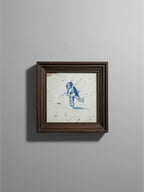Atlas & Arden 17th-century Dutch Delft tile featuring a hand-painted blue and white ice skater in a dark wood frame.