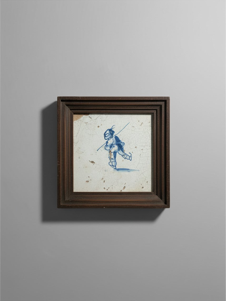 Atlas & Arden 17th-century Dutch Delft tile featuring a hand-painted blue and white pikeman in a dark wood frame.