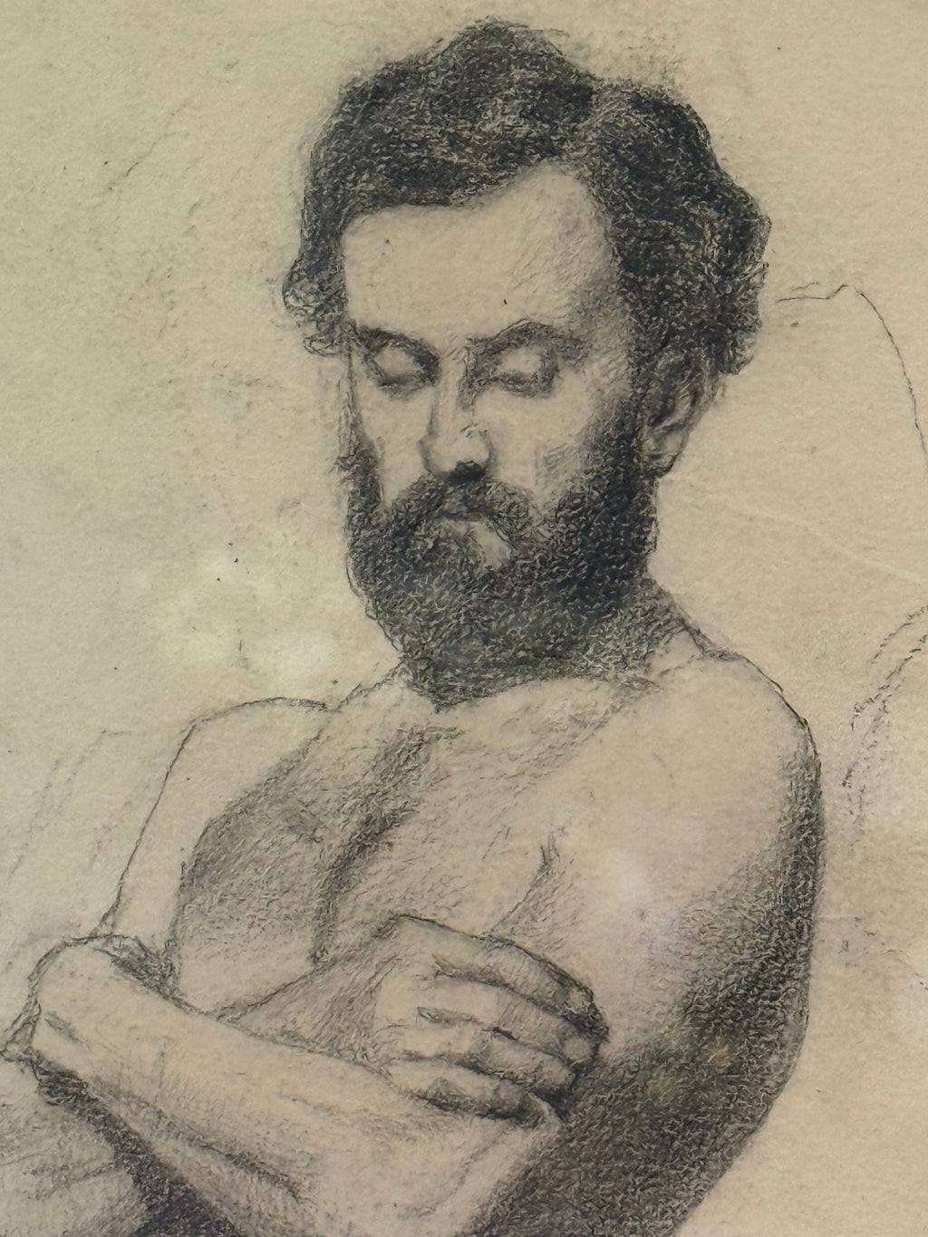 Atlas & Arden 19th-century European academic pencil study of a bearded male nude in contrapposto with arms crossed, dated October 1867.