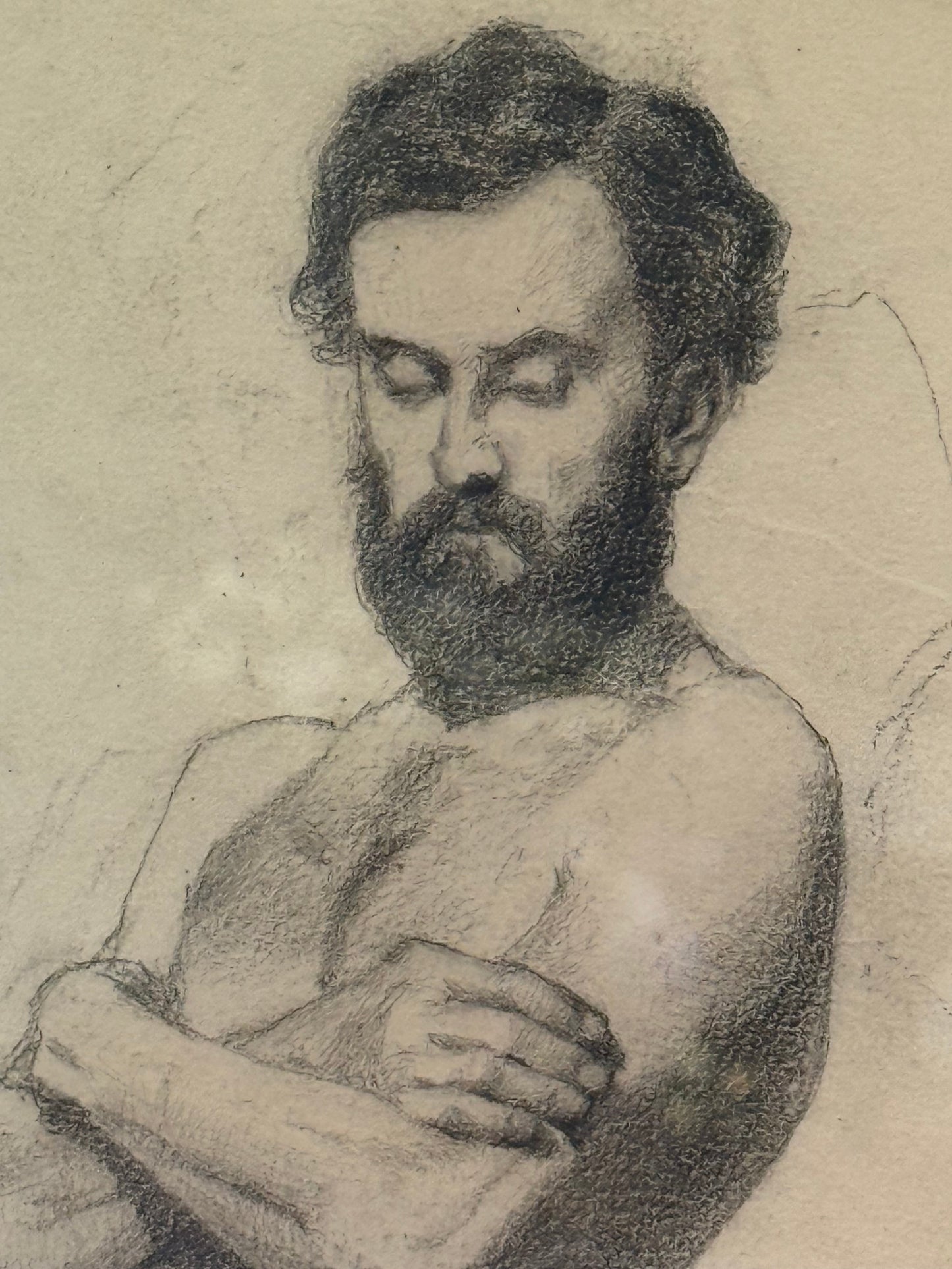 Atlas & Arden 19th-century German academic pencil study of a bearded male nude in contrapposto, arms crossed, dated October 1867.