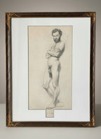 Atlas & Arden 19th-century European academic pencil study of a bearded male nude in contrapposto, dated October 1867, in an old carved giltwood frame.