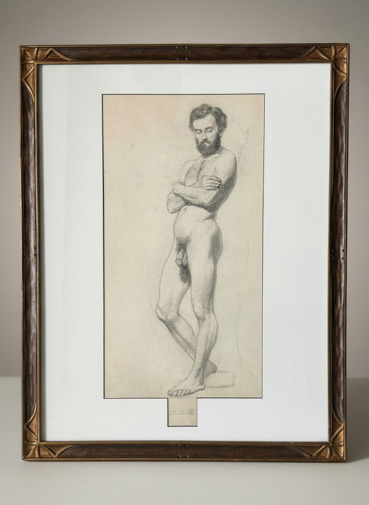 Atlas & Arden 19th-century German academic pencil study of a bearded male nude in contrapposto, dated Oct 1867, in a period frame.