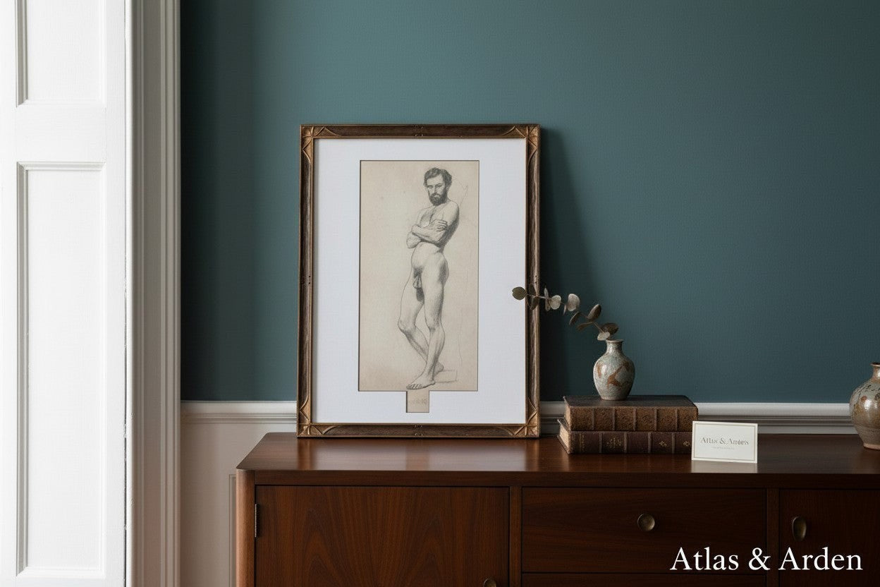 Atlas & Arden 19th-century German academic pencil study of a bearded male nude in contrapposto, dated 1867, in a period frame.