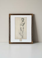 Atlas & Arden 19th-century European academic pencil study of a bearded male nude in contrapposto, dated October 1867, in an old carved giltwood frame.