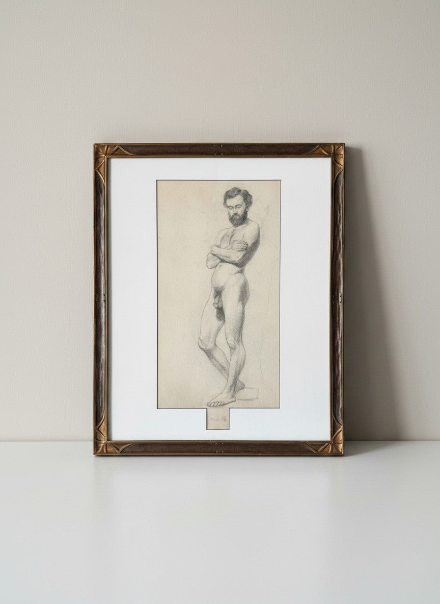 Atlas & Arden 19th-century German academic pencil study of a bearded male nude in contrapposto, dated Oct 1867, in a period frame.