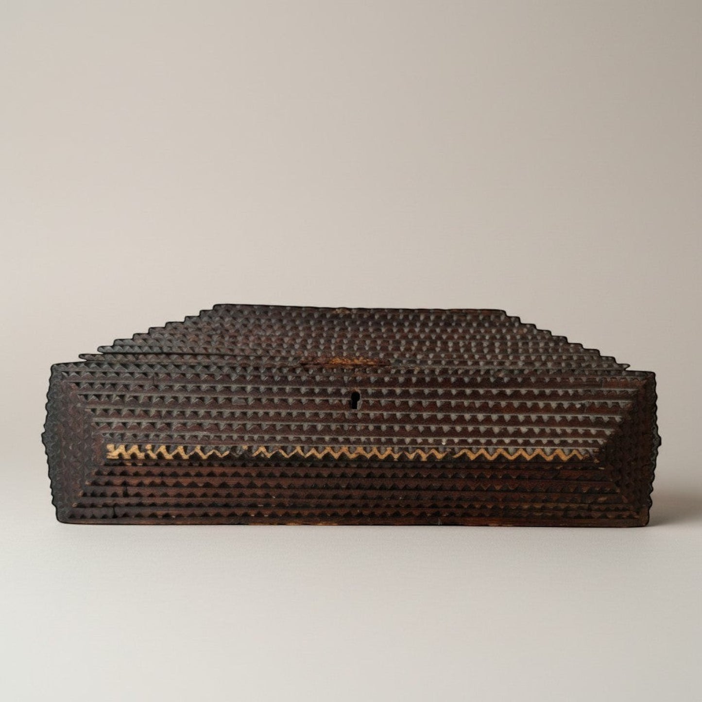 Atlas & Arden 19th-century tramp art chip-carved wooden box with stepped lid, original key, and removable tray.