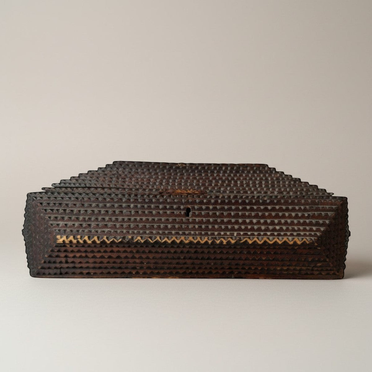 Atlas & Arden 19th-century tramp art chip-carved wooden box with stepped lid, original key, and removable tray.