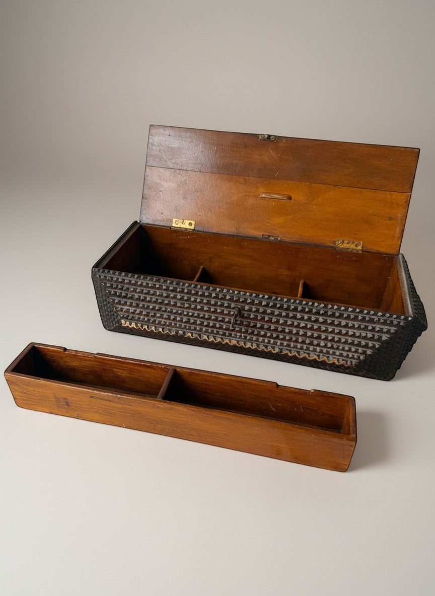 Atlas & Arden 19th-century American tramp art wood box with chip-carved geometric pattern, brass hinges, original key, and removable tray.
