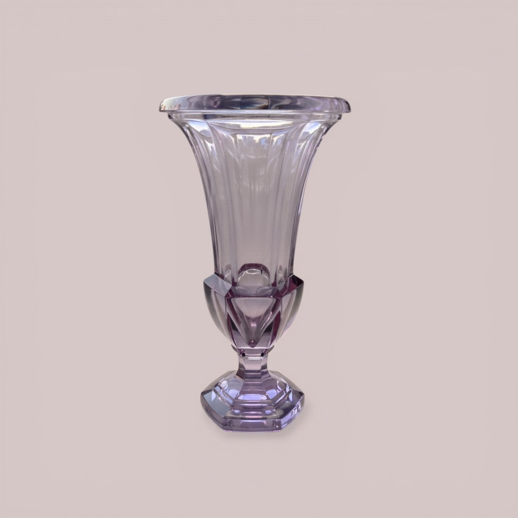 Atlas & Arden Alexandrite crystal urn vase with fluted body, faceted waist, and hexagonal pedestal foot. Color shifts from lavender to pink.