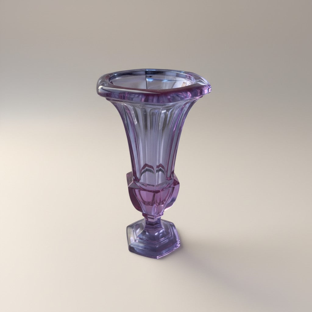 Atlas & Arden Alexandrite crystal urn vase with fluted body, faceted knop, and hexagonal pedestal foot. Color shifts from lavender to pink.