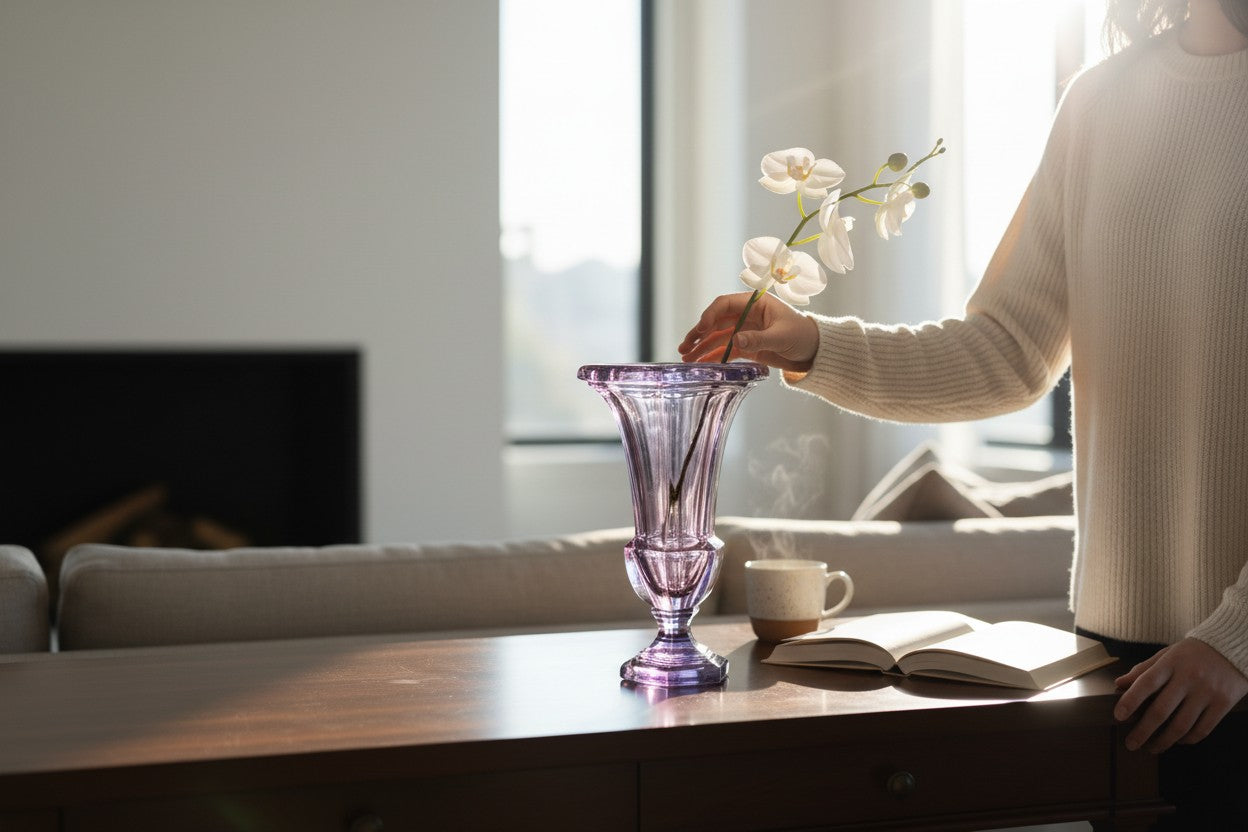 Atlas & Arden Alexandrite crystal vase in classical urn form with fluted body, faceted knop, and hexagonal pedestal foot. Color shifts from lavender to pink.