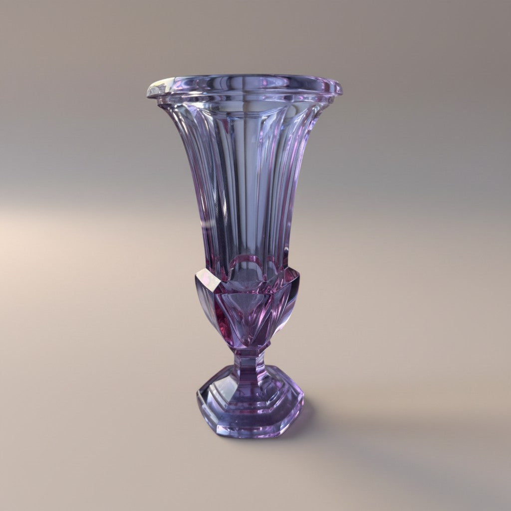 Atlas & Arden Alexandrite crystal urn vase with fluted body, faceted waist, and hexagonal pedestal foot. Color shifts from lavender to pink.