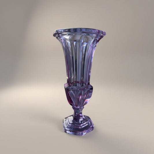 Atlas & Arden Alexandrite crystal urn vase with fluted body, faceted waist, and hexagonal pedestal foot. Color shifts from lavender to pink.